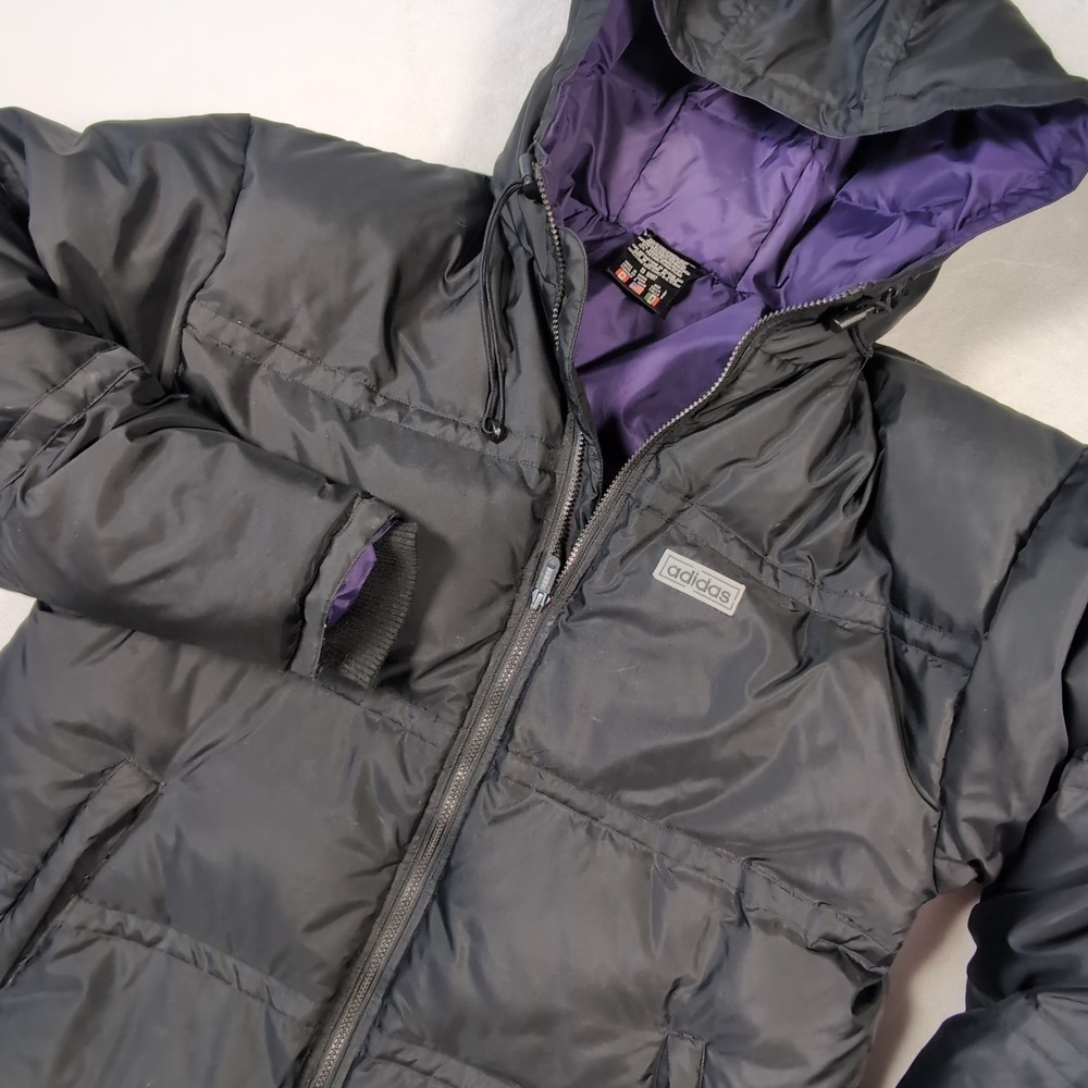 Vintage Adidas Flag Tag Down Puffer Jacket Men Large Black Purple Hooded 90s Y2K